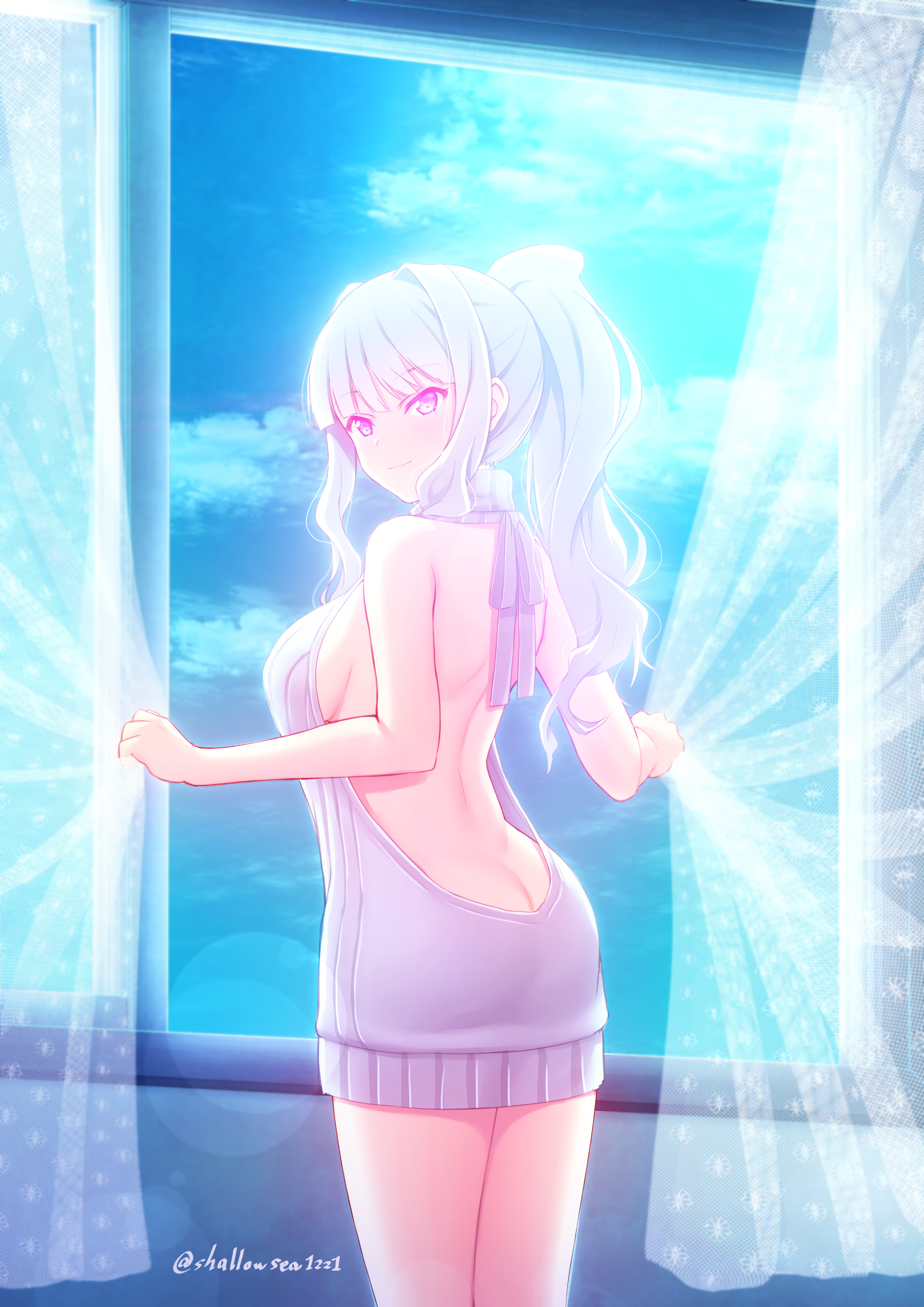 In the morning, Takane stands before the window again, now clad in a white virgin-killer sweater--it's sleeveless and exposes much of her back, including some sideboob and even the upper portion of her ass.  Her smile is serene and inviting, adding to the radiance of the bright blue sky behind her.